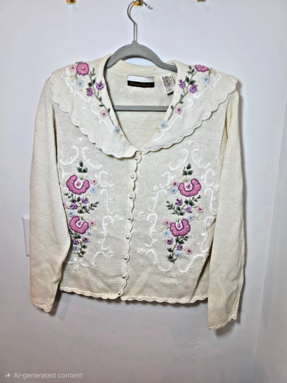 Vtg Ivory Floral Embroidered Knit Cardigan Sweater Size M Cottagecore Grannycore